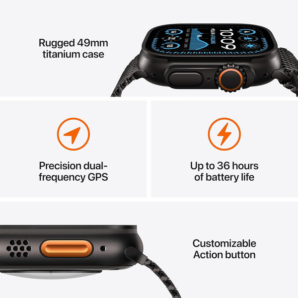 ساعة آبل واتش ألترا 2 (2024) - مقاس 49 ملم - GPS + Cellular - بهيكل من التيتانيوم الأسود - وسوار Alpine Loop مقاس صغير | أخضر داكن ساعة آبل واتش ألترا 2 (2024) - مقاس 49 ملم - GPS + Cellular - بهيكل من التيتانيوم الأسود - وسوار Alpine Loop مقاس صغير | أخضر داكن